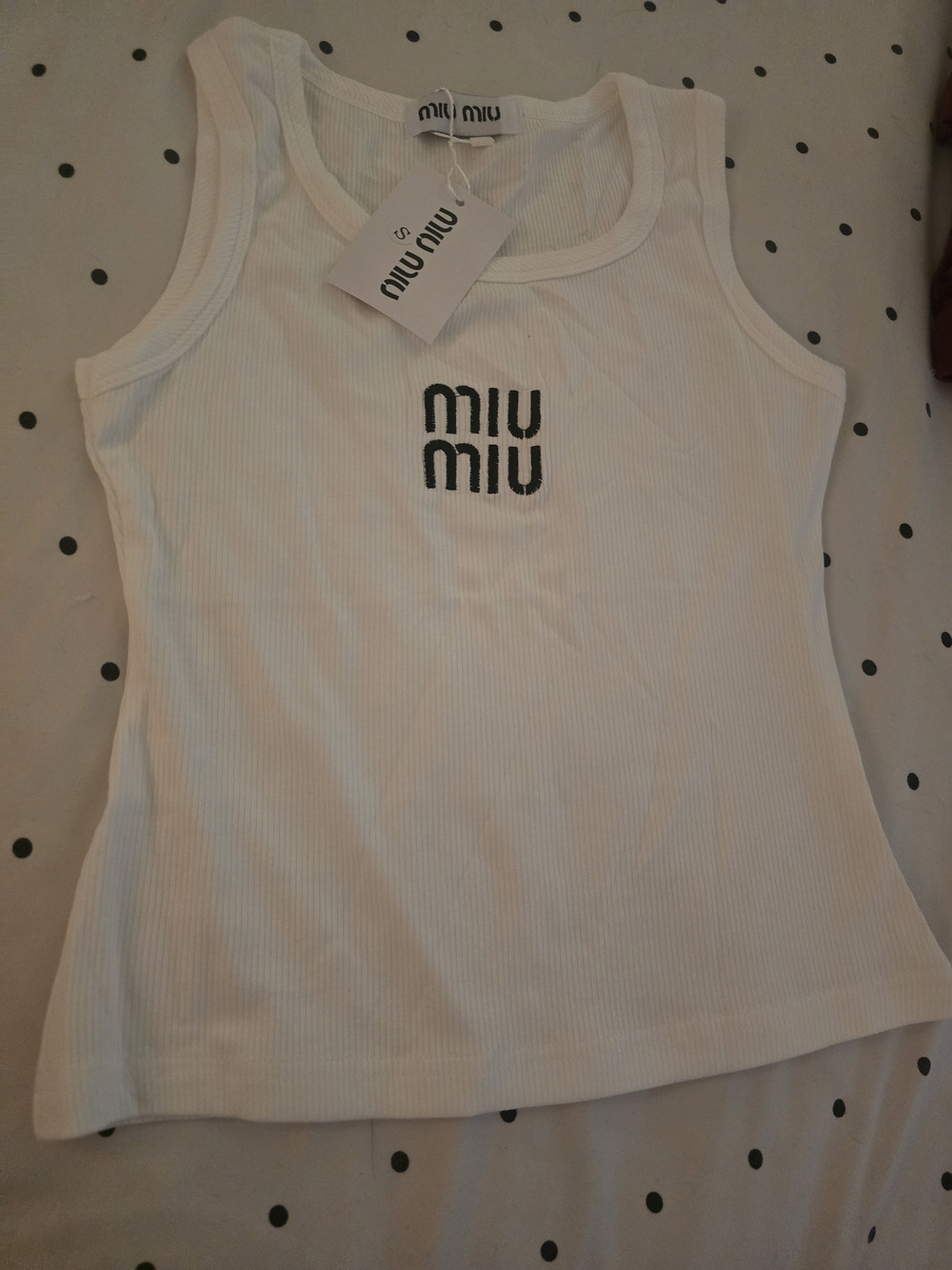 Miu Miu White Ribbed Logo Tank Top